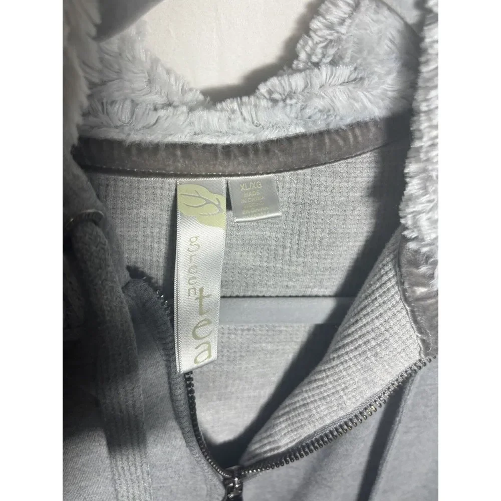 Green Tea‎ Jacket SZ XL Zip Grey Hoodie Comfy Ivory Faux Fur Liner T6
